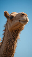Close-Up of a Curious Camel with a Gentle Expression Against a Clear Blue Sky