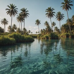 Obraz premium A summer lagoon with palm trees swaying gently in the breeze.