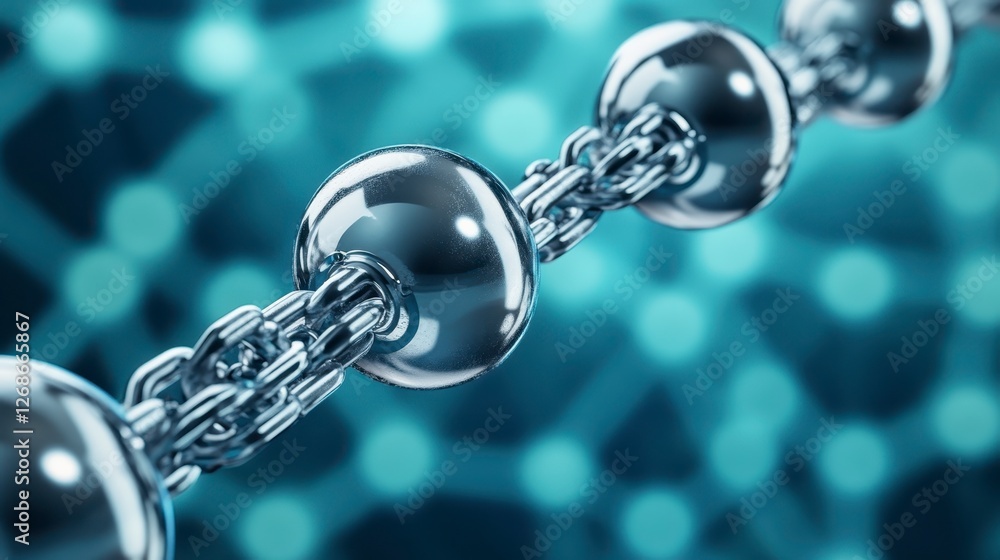 Poster abstract 3d rendering of a metallic chain with reflective spheres, set against a blurred teal and bl
