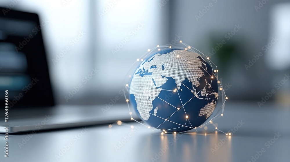 Poster glowing digital globe with network connections on desk, representing global connectivity and technol