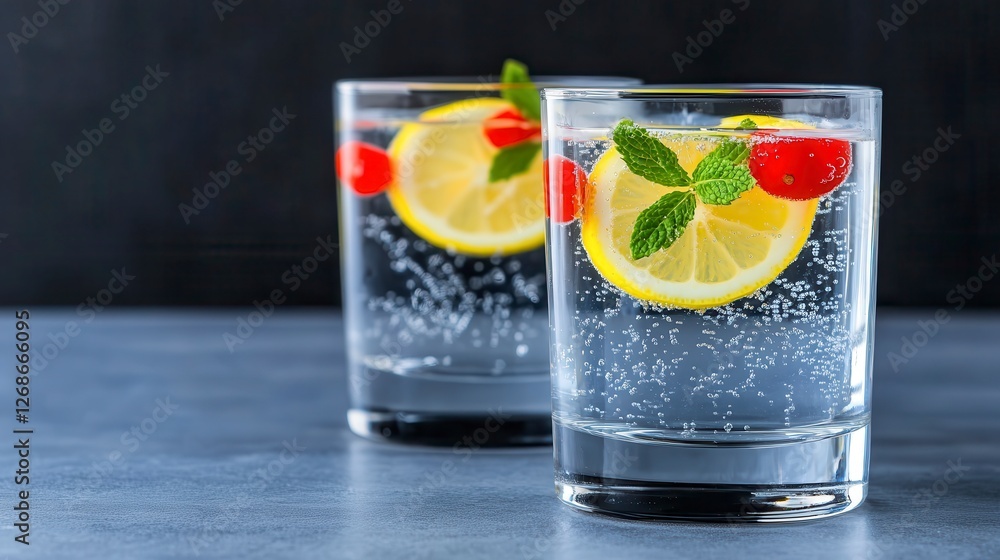 Poster two glasses of sparkling water with lemon slices and cranberries on a gray surface. close up view, s