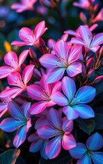 Fototapeta premium A stunning close-up of vibrant, glowing flowers in full bloom, illuminated with soft golden light.