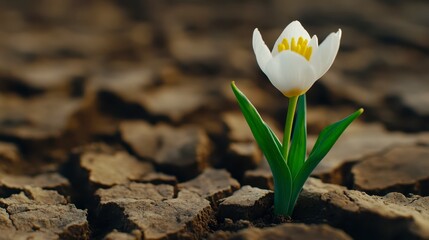 Obraz premium Single white flower with yellow center blossoms from cracked, dry earth. Soft, warm sunlight illuminates the delicate bloom, creating a stark