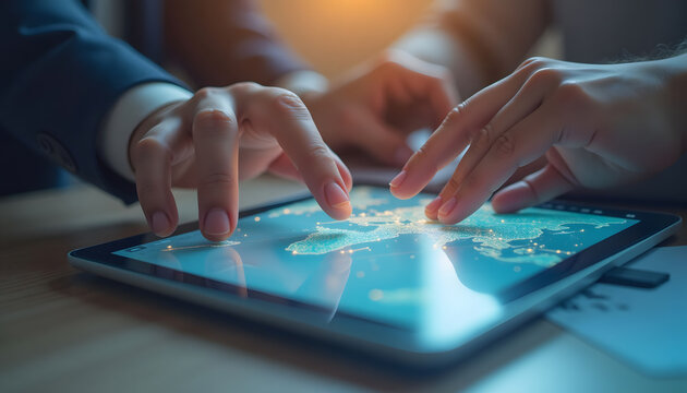 Business team using digital tablet for global strategy and international market research planning