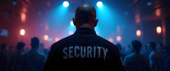 Adult man security guard at crowded event, safety concept.