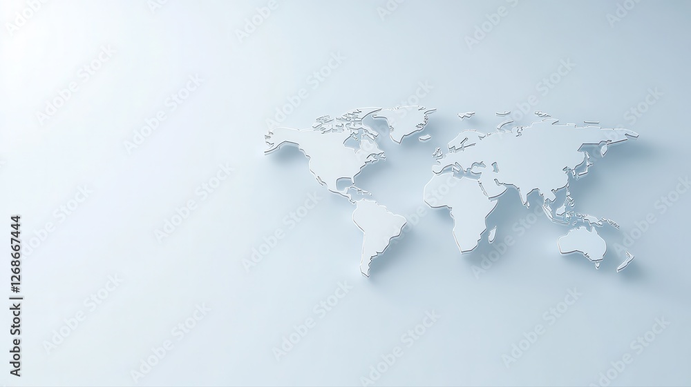 Poster minimalistic world map on a light background, highlighting continents in a 3d effect.