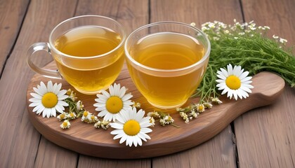 Cup of medicinal chamomile tea on a wooden