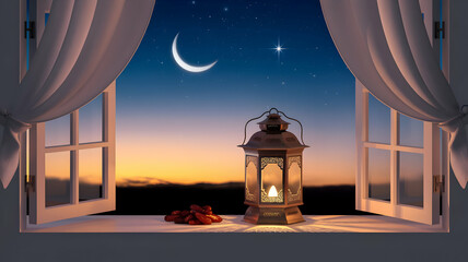 Ramadan Lantern with Crescent Moon and Dates at Sunset