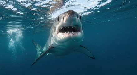 Great White Shark Swimming Underwater Close-up Dangerous Predator in Deep Ocean
