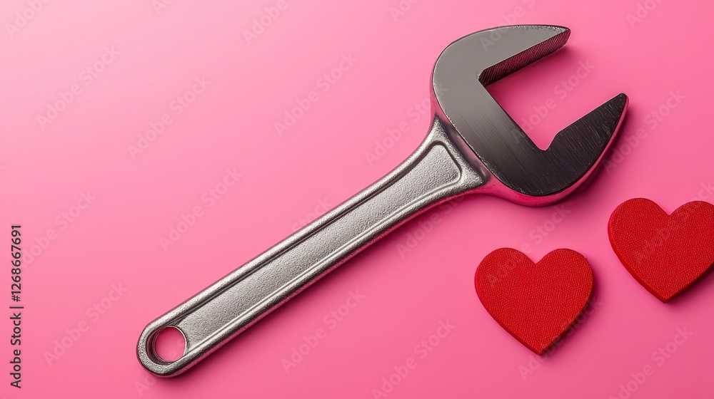 Poster a silver tool rests on a pink background next to two small, textured red hearts. the image is simple
