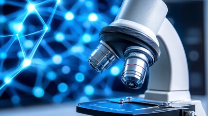 Close up view of a silver microscope against a digitally enhanced blue background with a network graphic. The focus is sharp on the microscope