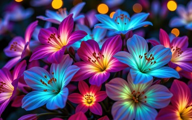 Naklejka na ściany i meble A stunning close-up of vibrant, glowing flowers in full bloom, illuminated with soft golden light.