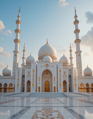 Fototapeta premium Majestic Mosque with Stunning Domes and Minarets Under a Bright Blue Sky