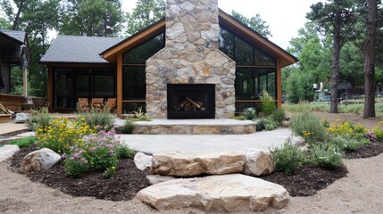 Modern cabin exterior with stone fireplace and patio garden