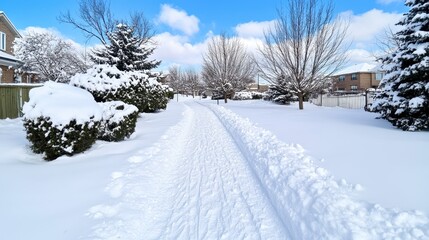 Obraz premium A snowy residential street scene on a bright winter day. A snow covered path is visible between houses and snow laden trees under a partly cloudy