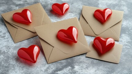 red glass hearts on brown envelopes