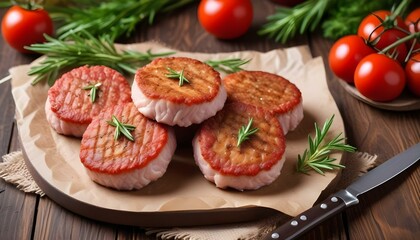 Fresh meat cutlets on wooden background
