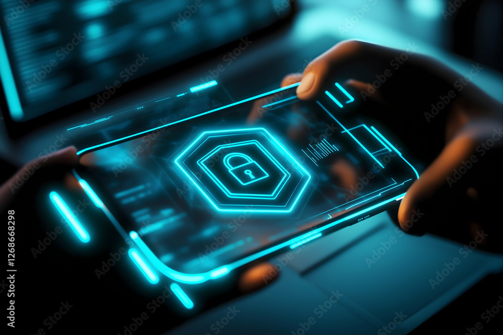 Poster a person interacts with a futuristic smartphone displaying a digital lock symbol, emphasizing themes