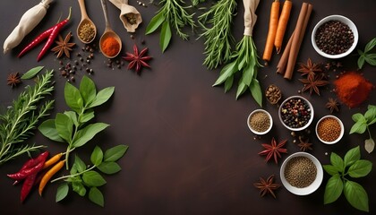 Fresh spices and herbs on a table