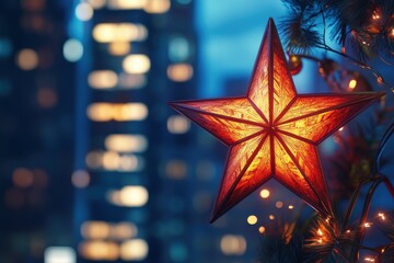 Star ornament illuminates city skyline during twilight holiday season celebration