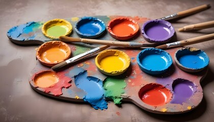 art palette with colorful mixed paints and paintbrushed
