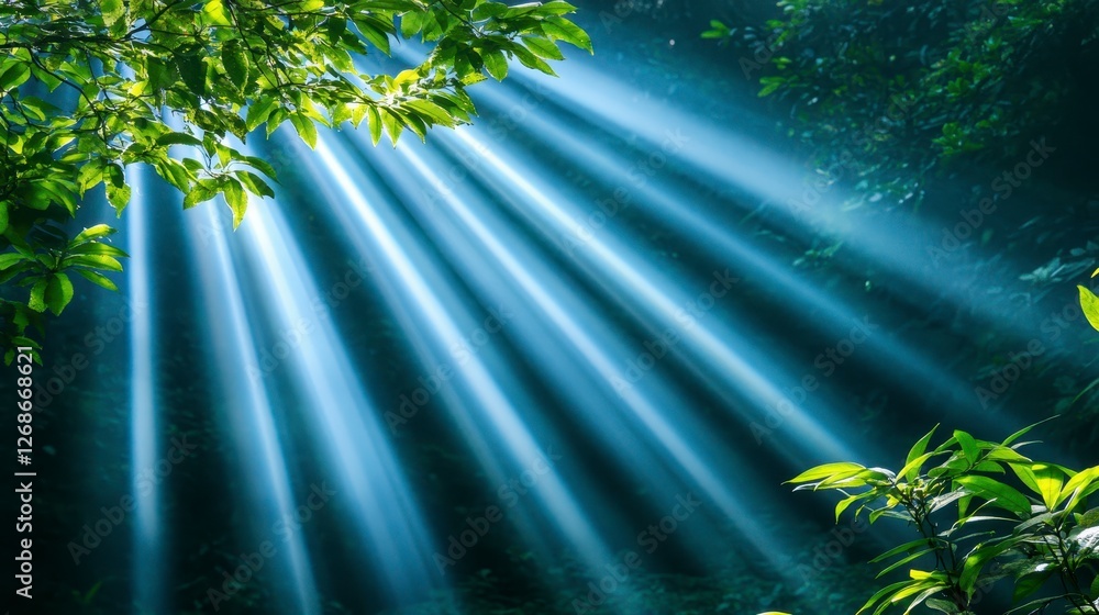 Poster sunlight streams through lush green foliage in a dark forest, creating a mystical atmosphere. light 