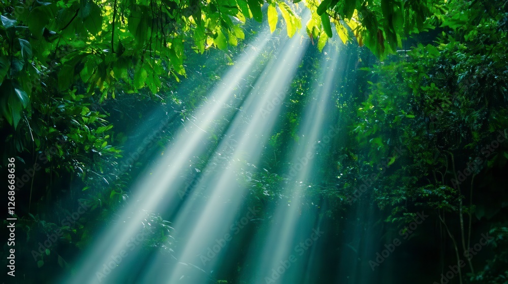 Poster sunlight streams through a lush green forest canopy, creating a mystical atmosphere. light filters d