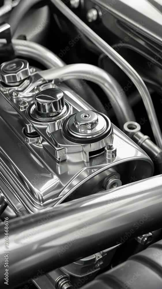 Poster close-up view of a polished car engine component highlighting its intricate design and engineering m