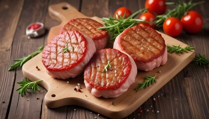 Fresh meat cutlets on wooden background