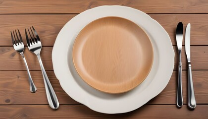 plate and cutlery on a wooden background