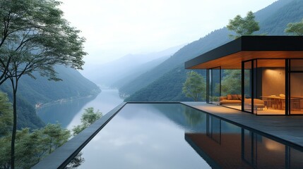Modern cliffside house with infinity pool overlooking misty mountain valley