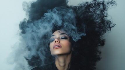 Enigmatic Beauty: A Woman Surrounded by Smoke and Her Voluminous Hair