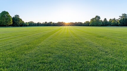 Fototapeta premium Expansive green field at sunrise, sun shining brightly in the background, creating a warm and peaceful atmosphere. Lush green grass covers the entire