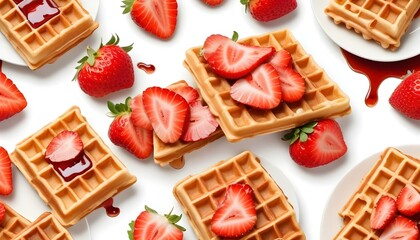 viennese waffles with strawberry and sweet syrup isolated on white background