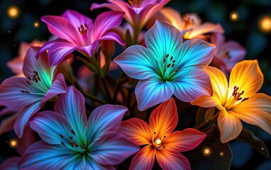 Fototapeta premium A stunning close-up of vibrant, glowing flowers in full bloom, illuminated with soft golden light.