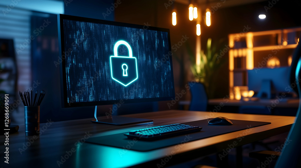 Poster a modern workspace featuring a monitor displaying a digital lock icon, symbolizing cybersecurity and