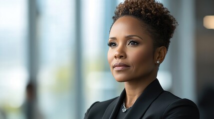 Fototapeta premium Confident black businesswoman exudes professionalism and leadership in a corporate setting.