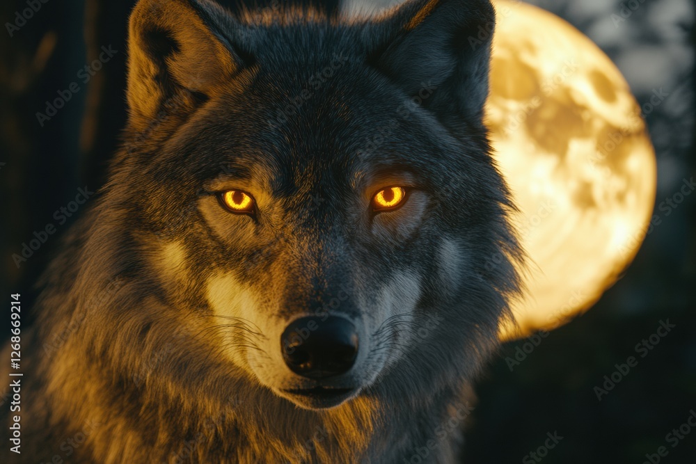 Poster Majestic wolf with striking eyes illuminated by full moon in nighttime forest setting. Generative AI