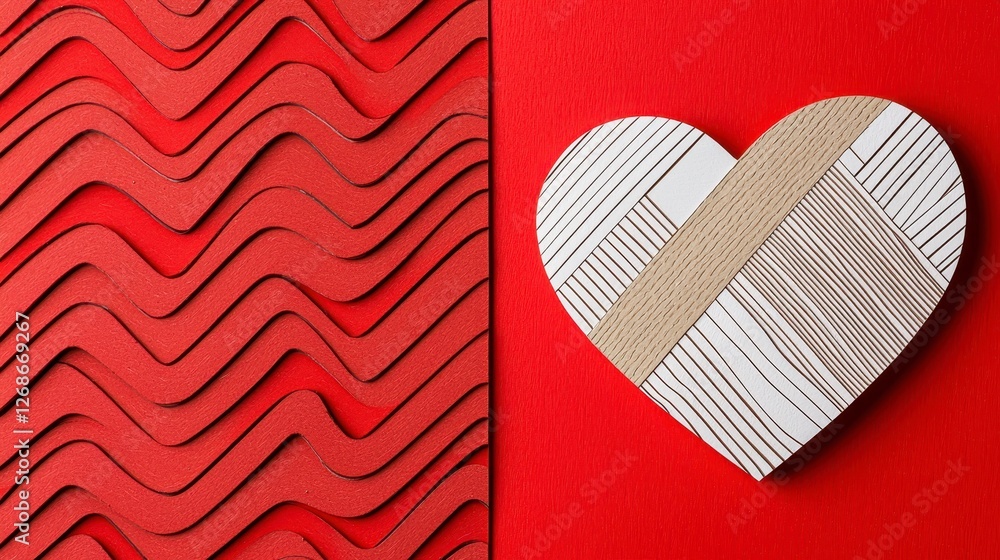 Poster a handcrafted paper heart with textured beige accents is placed on a vibrant red background. the bac