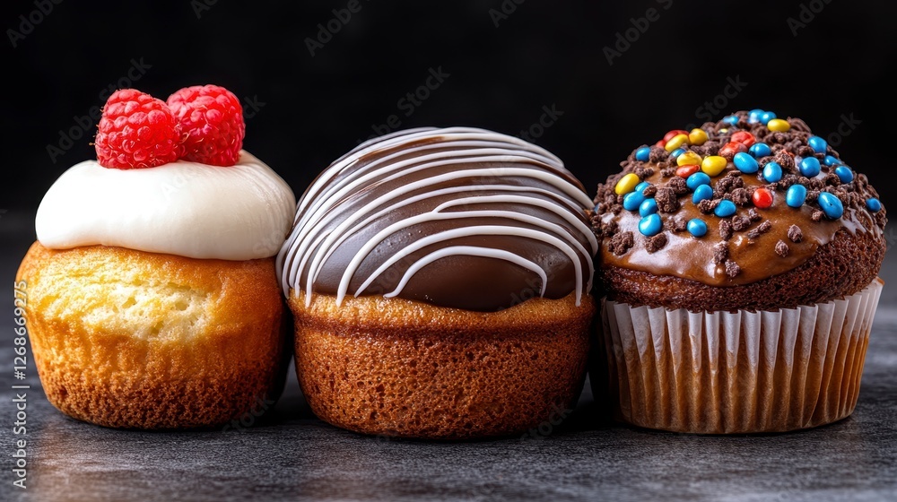 Poster three assorted muffins on dark background. one is vanilla with raspberry, one is chocolate with whit