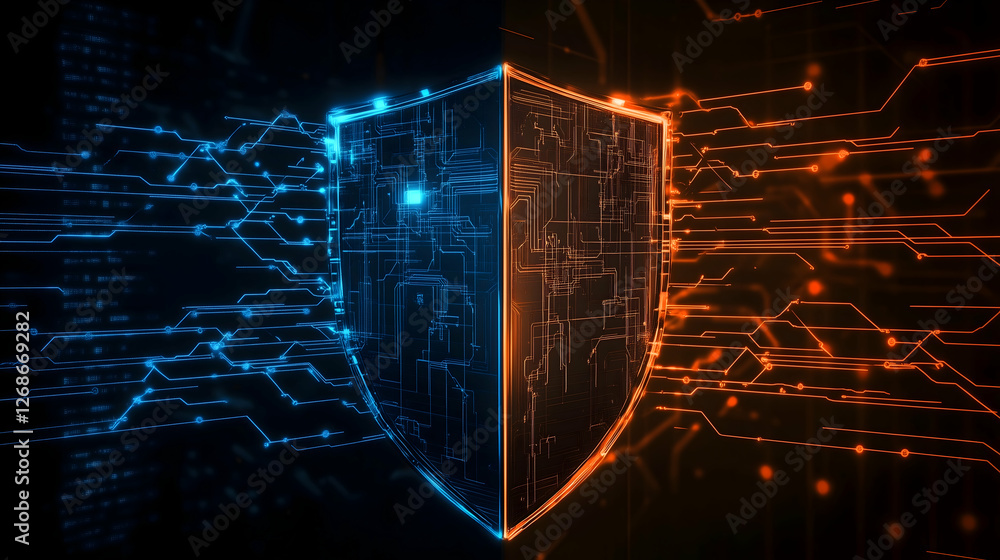 Poster a digital shield design split into blue and orange sections, symbolizing cybersecurity and data prot