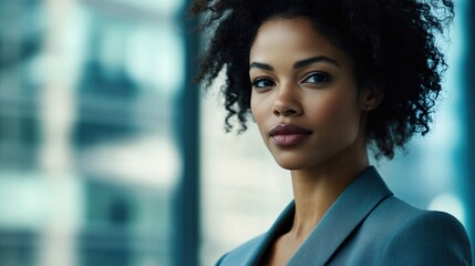 Confident black businesswoman exudes professionalism and leadership in a corporate setting.