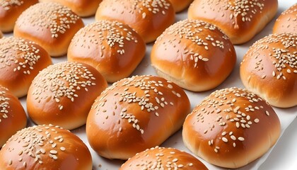 Tasty fresh buns with sesame seeds, isolated on white background