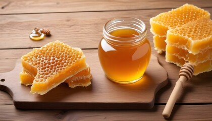 Yellow Honey and Honeycomb slice on a wooden table