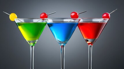 Three martini glasses filled with vibrant green, blue, and red cocktails, garnished with cherries and a lime wedge, set against a neutral gray