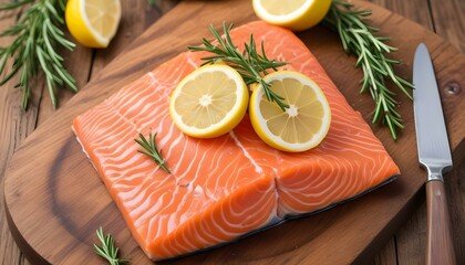 Slice of red fish salmon with lemon; rosemary on a wooden table