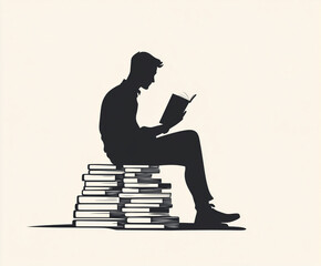 Person reading a book while seated on a stack of books during daytime