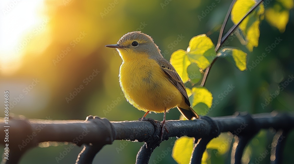Poster a small yellow bird perched on a railing with sunlight filtering through leaves.
