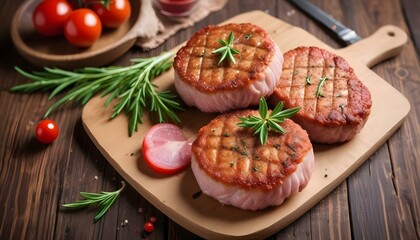 Fresh meat cutlets on wooden background