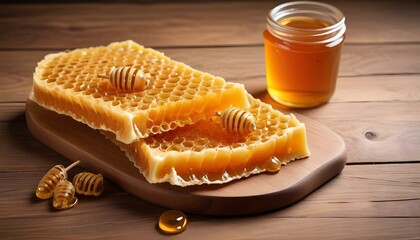 Yellow Honey and Honeycomb slice on a wooden table